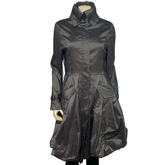 Vtg 90s Joseph Ribkoff Sz 10 Trench Coat Bubble Hem Gray Satin Glam Statement - Picture 2 of 16
